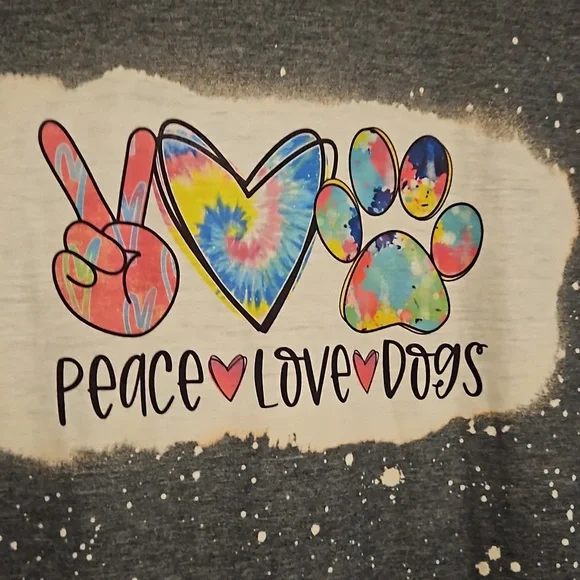 GILDAN 'Peace Love Dogs' multicolor graphic tee gray Medium faux splatter - Picture 6 of 6